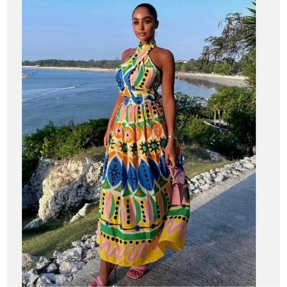 ZARA WOMAN HIGH WAIST MAXI PRINTED COTTON SKIRT Yellow Blue XS M 7685/024 NWT